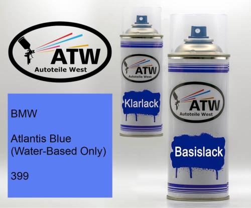 BMW, Atlantis Blue (Water-Based Only), 399: 400ml Sprühdose + 400ml Klarlack - Set, von ATW Autoteile West.